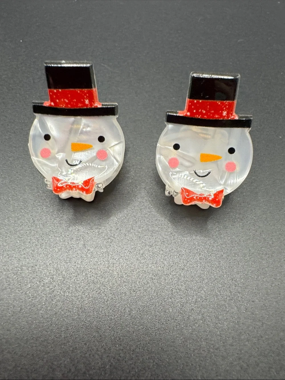 Cute Snowman Face Hair Clips - Black Hat & Red Bow set of 2